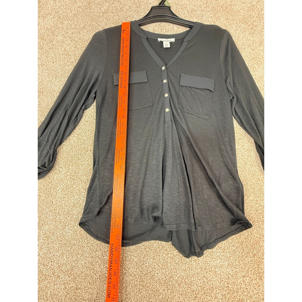 White House Black Market Black Rayon Slub Henley High-Low Top Womens Large L - Picture 5 of 10